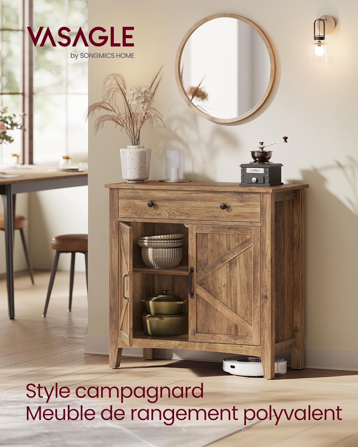 VASAGLE - Buffet Campagne, rangement portes et tiroir, 40x80x80 cm BBK341K01