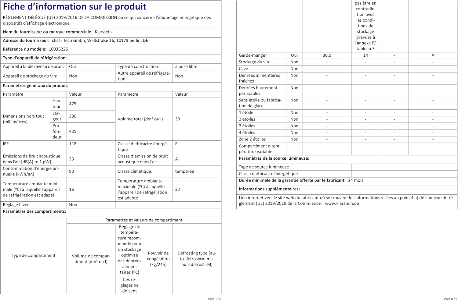 Klarstein - Mini Frigo 32L, silencieux, étagères réglables, 12-18°C