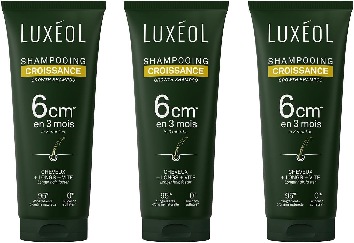 LUXÉOL - Shampoing Croissance - 200ml x3 - pousse +6cm, naturel, ricin, amla, ginseng