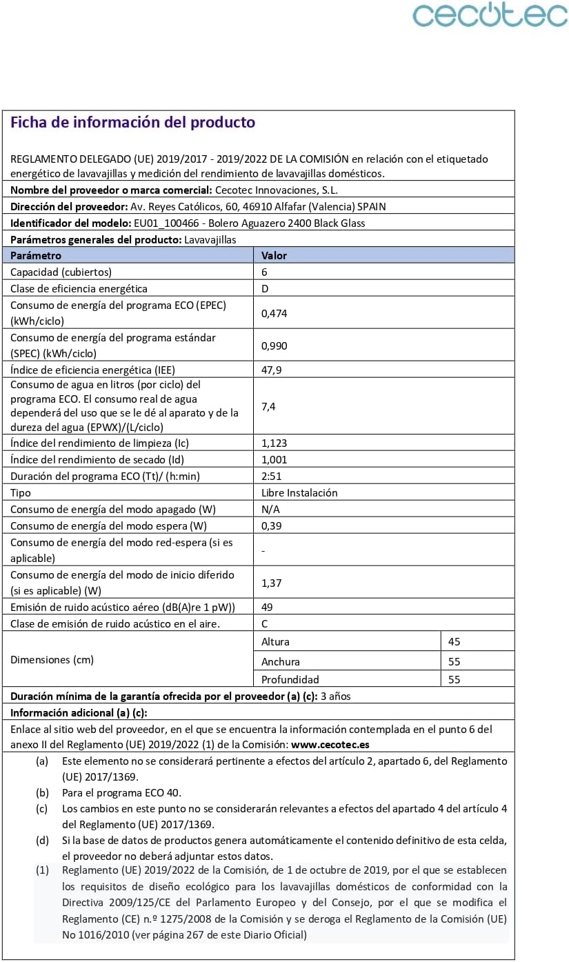 Cecotec - Bolero Aguazero 2400 - compact, 6 couverts, écran tactile, 5 programmes, verre noir