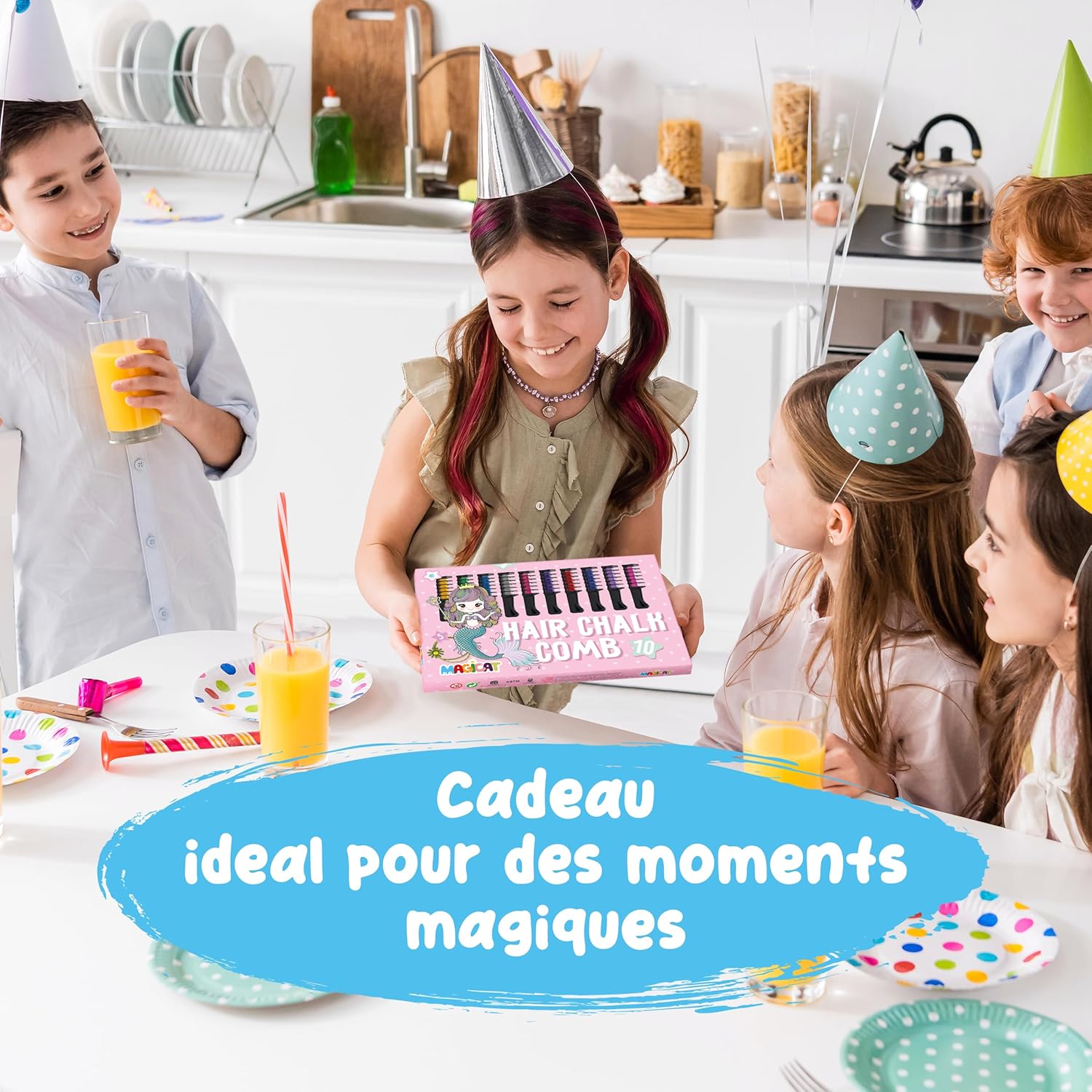 Magicat - Peigne à craie Magicat 20 - 10 couleurs lavables, élastiques cheveux, idéal enfants