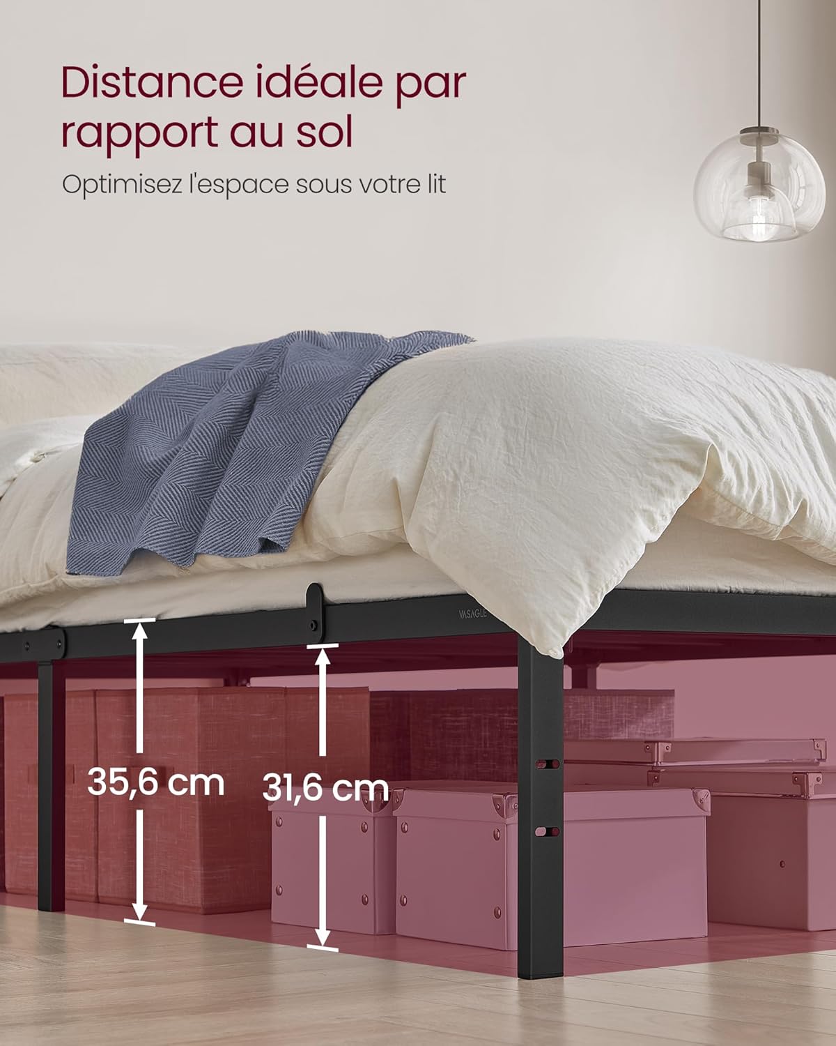 VASAGLE - cadre lit simple - 90x190 cm - métal, rangement, montage facile, RMB131B01