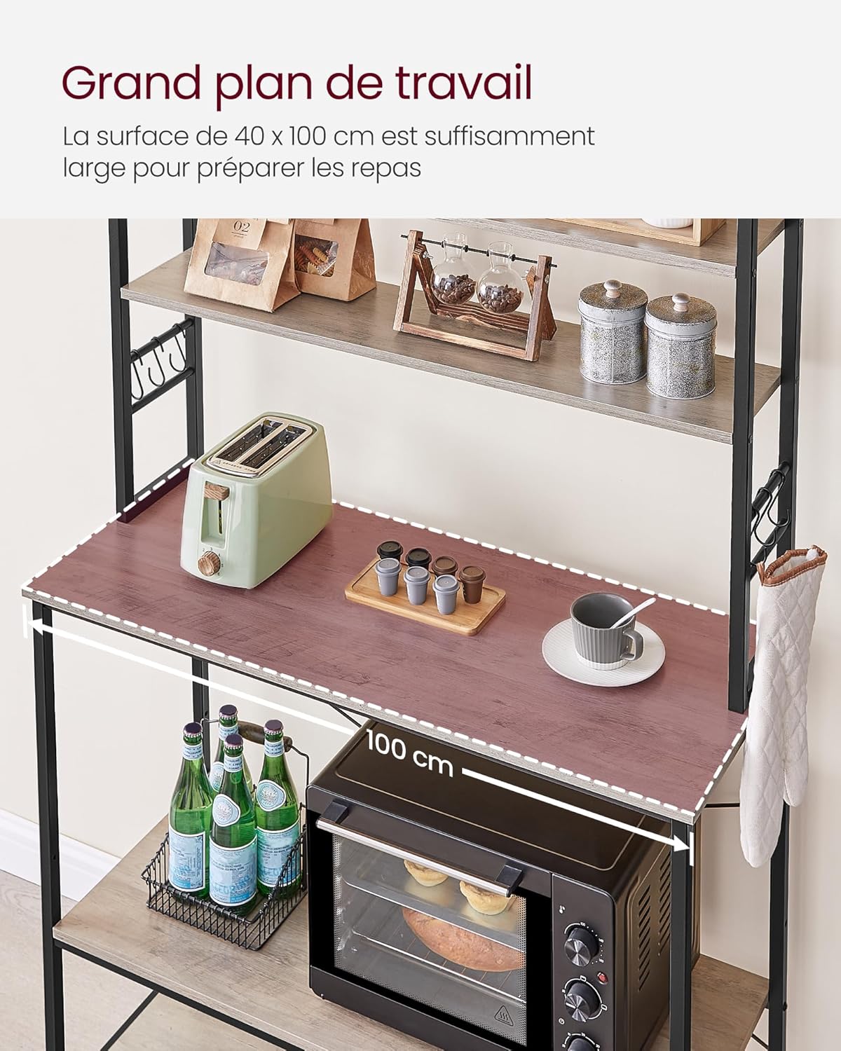 VASAGLE - étagère cuisine série KKS - 100x40x167 cm - 6 étagères, 6 crochets, acier industriel - KKS039K02