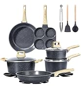 Ensemble complet d'ustensiles de cuisine comprenant des poêles et des casseroles antiadhésives noires avec poignées dorées, comprenant des poêles à frire, des casseroles avec couvercle et des ustensiles de cuisine noirs et beiges.