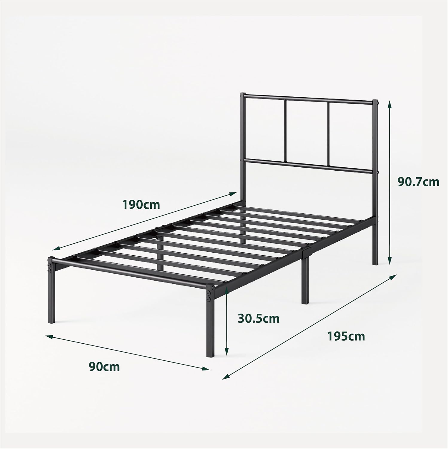 Zinus - Justin - 90x190 cm - cadre métal noir, tête de lit, rangement