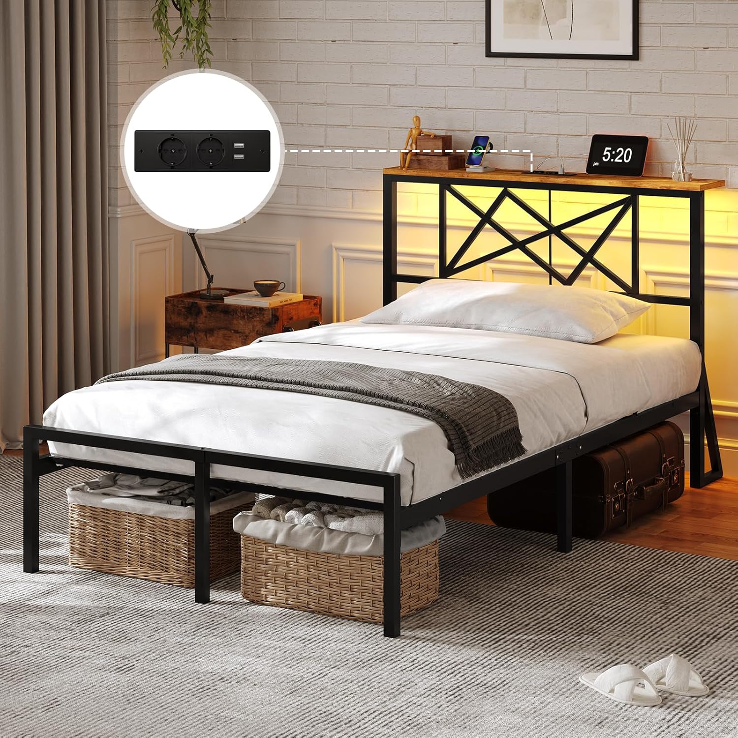 DICTAC - Lit métal LED, 90x200 cm, tête LED, ports USB, rangement