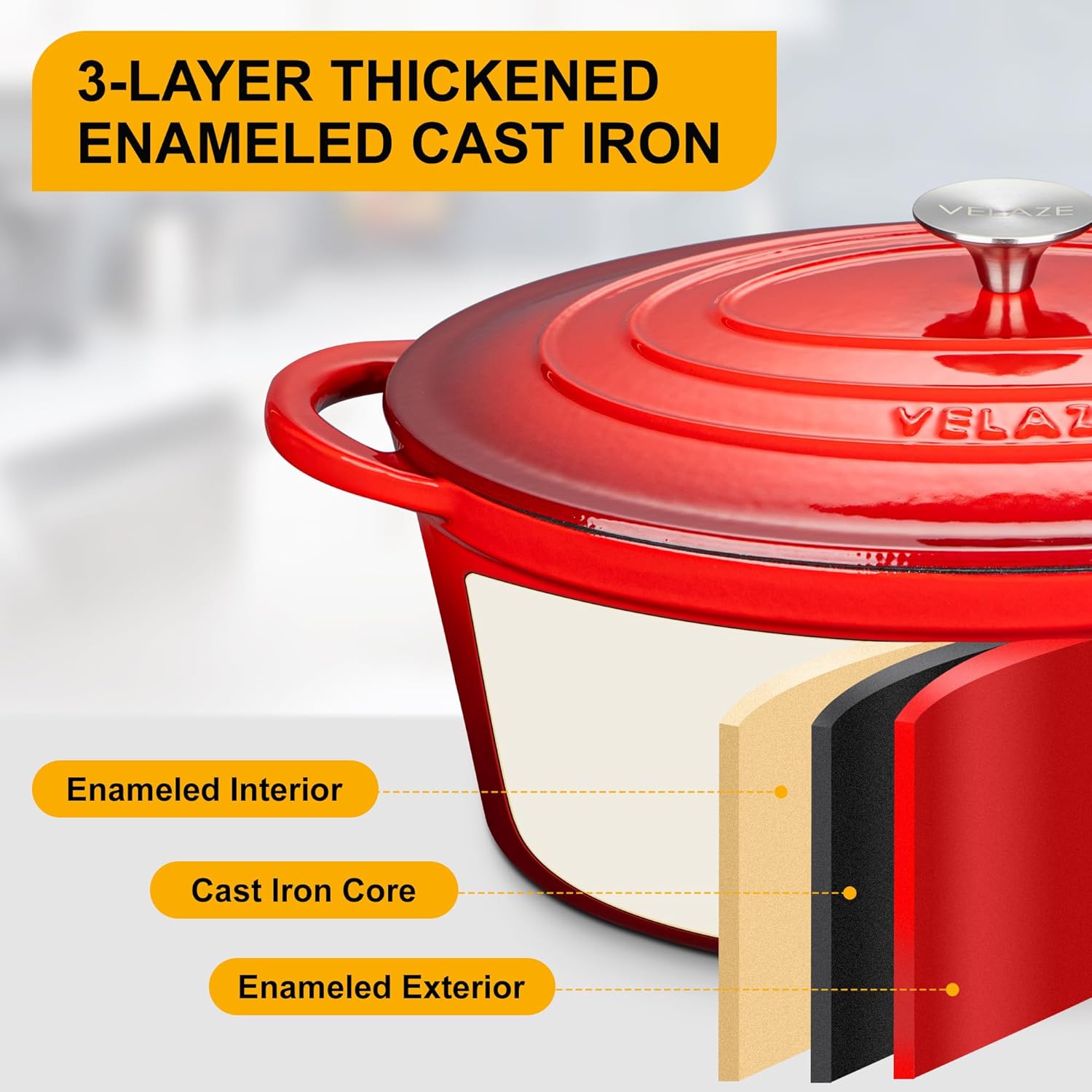 Velaze - Cocotte Ovale Émaillée 7L 34cm - Fonte, Induction, Rouge