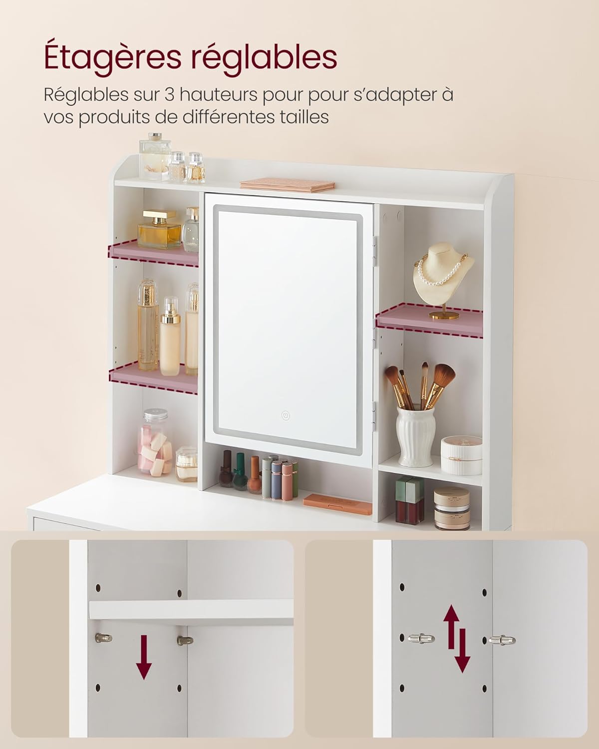 VASAGLE - Kailyn Collection - grande coiffeuse blanche, miroir LED, 2 tiroirs, étagère réglable, RDT123WB01