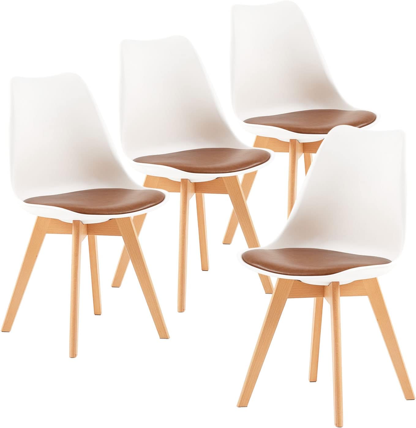 EGGREE - chaises scandinaves - bois hêtre, cuir PU, rembourrées, blanc/marron