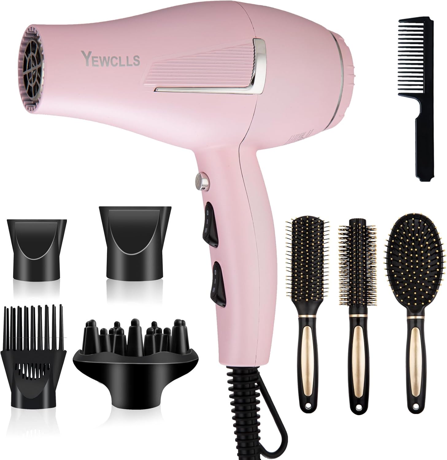 Sèche-cheveux ionique - Salon séchage rapide 2100W - 2 concentrateurs, 4 peignes, 1 diffuseur, bouton froid