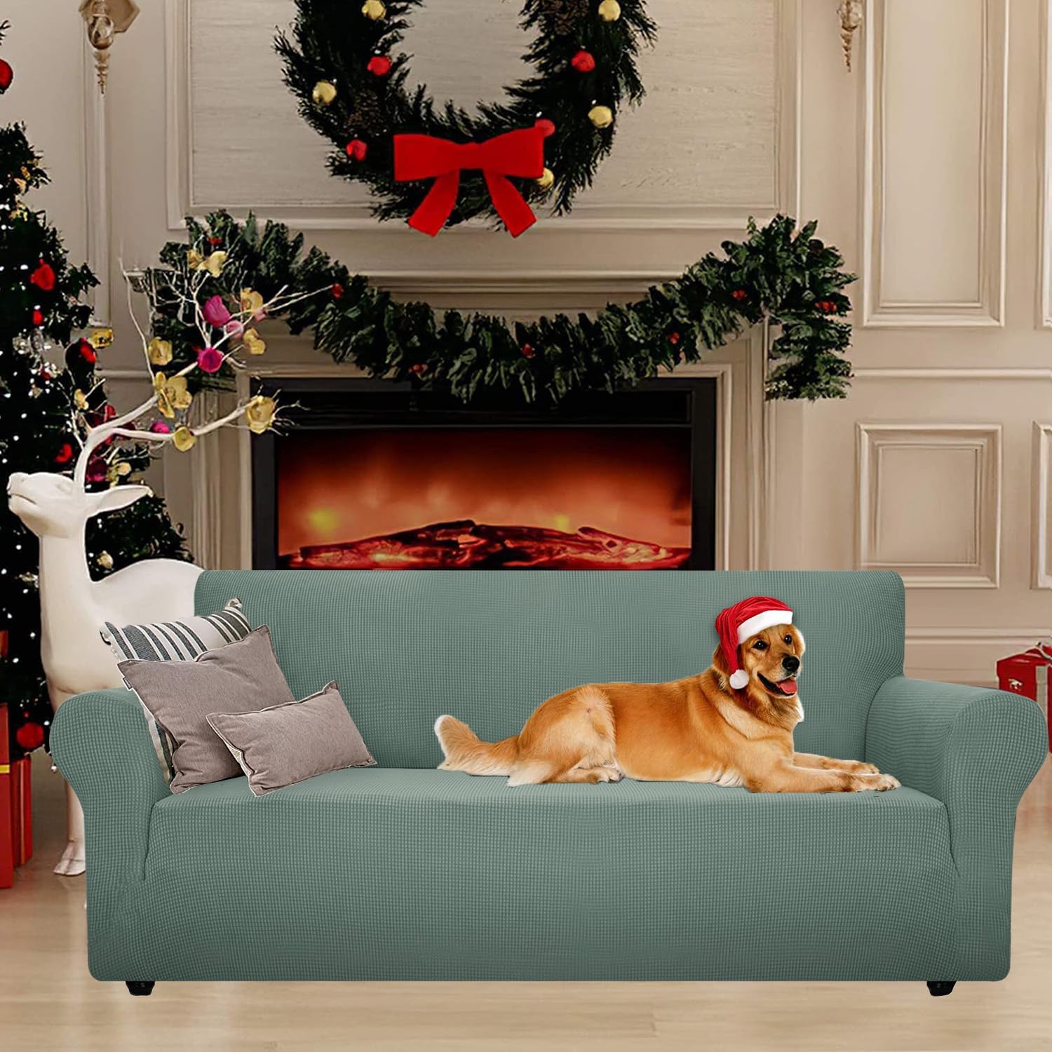 Housse canapé extensible 3 places, vert, lavable, antidérapante, moderne