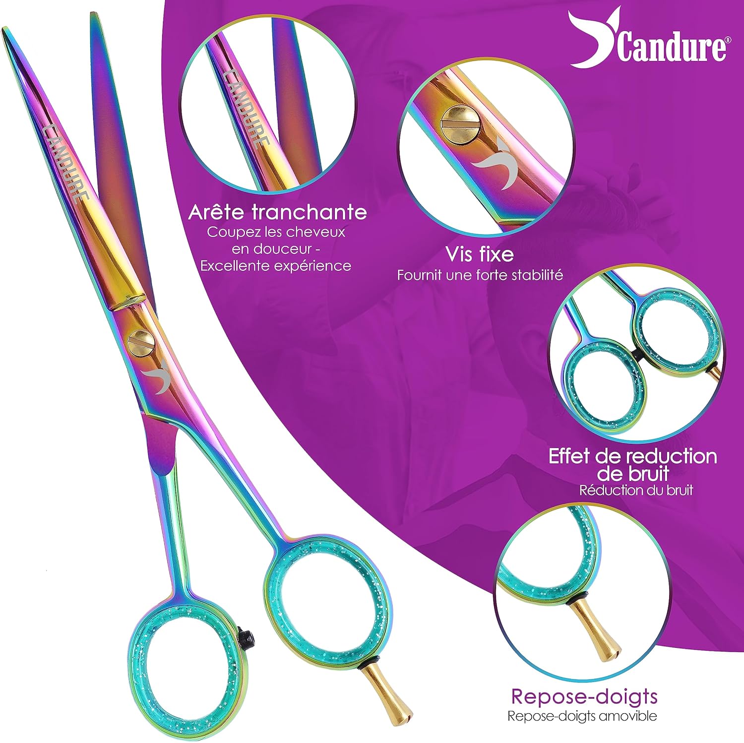 Candure - ciseaux coiffure arc-en-ciel - 6.5