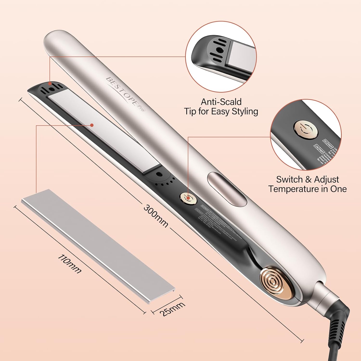 Fer à lisser - réglable, céramique, chauffage rapide, or foncé