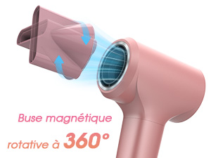 avec embout magnétique pivotant à 360 degrés. Le schéma montre une buse amovible et un indicateur de débit d'air bleu