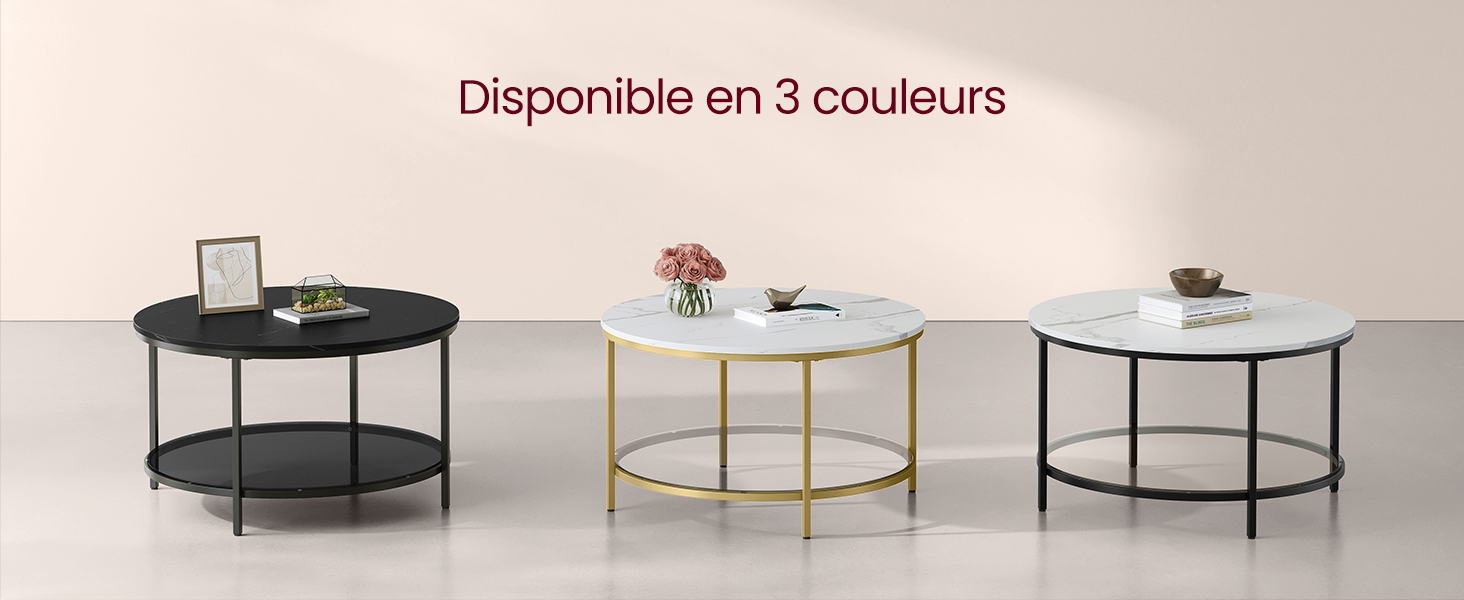 Trois tables basses rondes au design à deux niveaux, disponibles en noir, blanc avec cadre doré et blanc avec cadre noir. Le texte indique « Disponible en 3 couleurs » en français