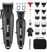 Ensemble de tondeuses à cheveux professionnelles comprenant plusieurs accessoires, peignes, station de recharge et accessoires en finition noire. Affichage numérique visible sur l'unité principale.