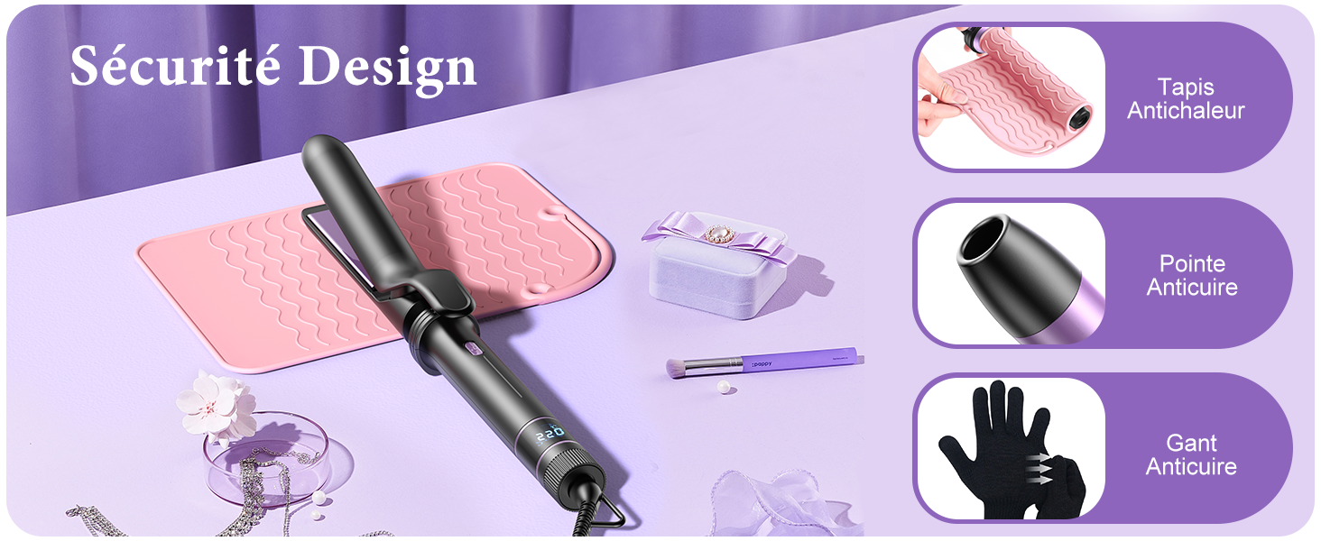 Interface violette et rose présentant des fonctionnalités de conception de sécurité avec des icônes circulaires et des éléments de navigation.