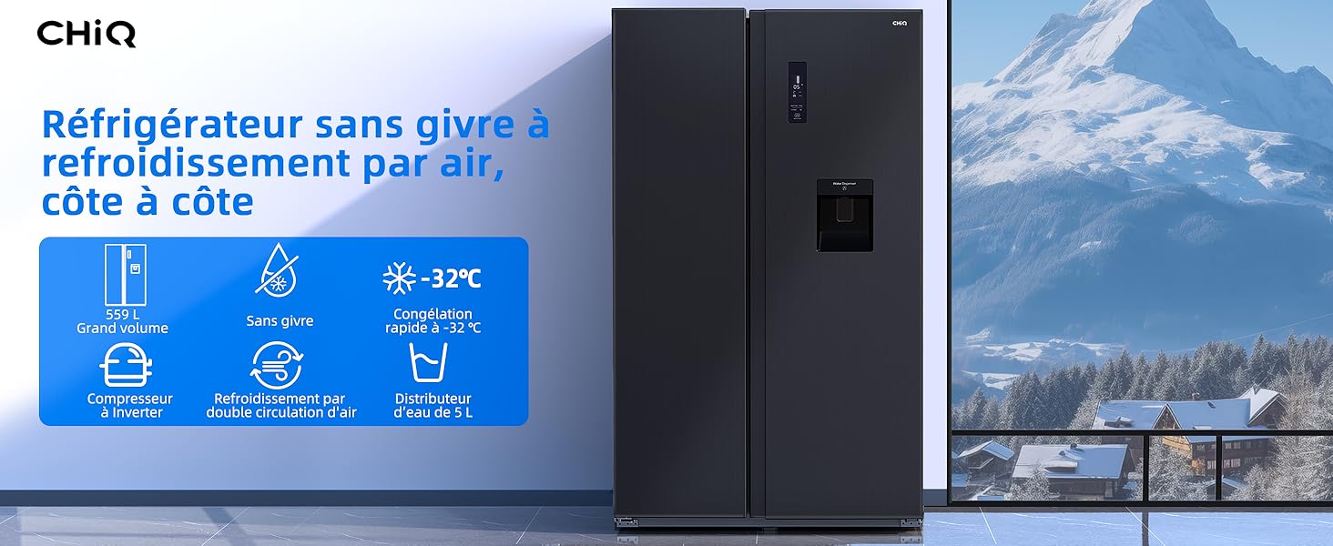 en finition noire avec distributeur d'eau, illustré sur fond de montagnes enneigées