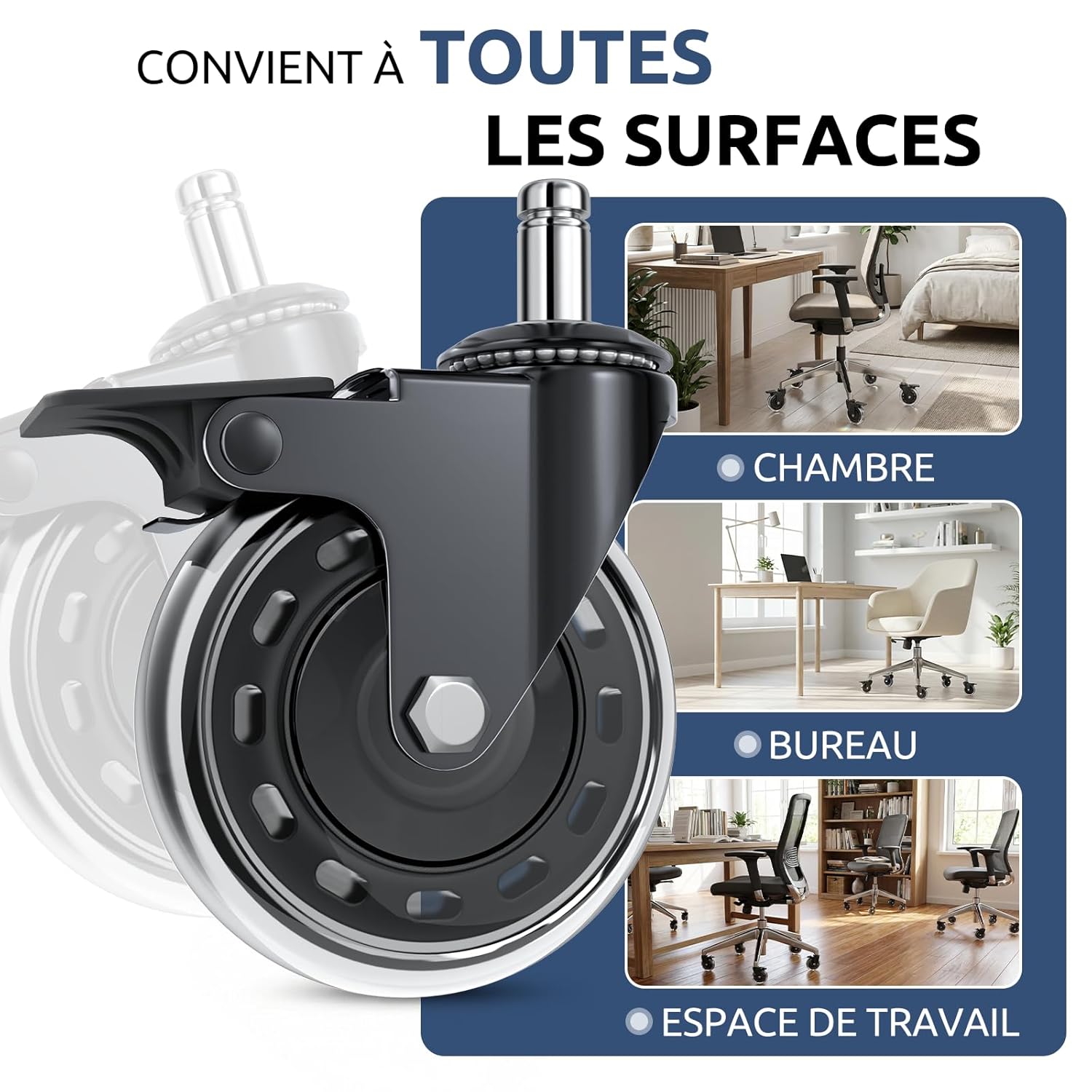 COSYLAND - Set de 5 roulettes 11x22 mm - frein, sols protégés, durable