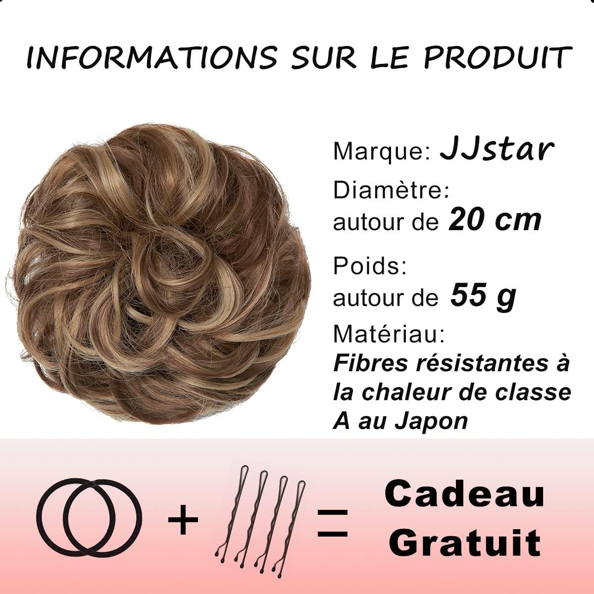 JJstar - Chignon postiche bouclé, élastique, brun & blond miel