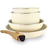 MENASTYL - Batterie de cuisine 5 pièces Crème - Aluminium recyclé - 2 poêles 22cm et 26cm + 2 cas...