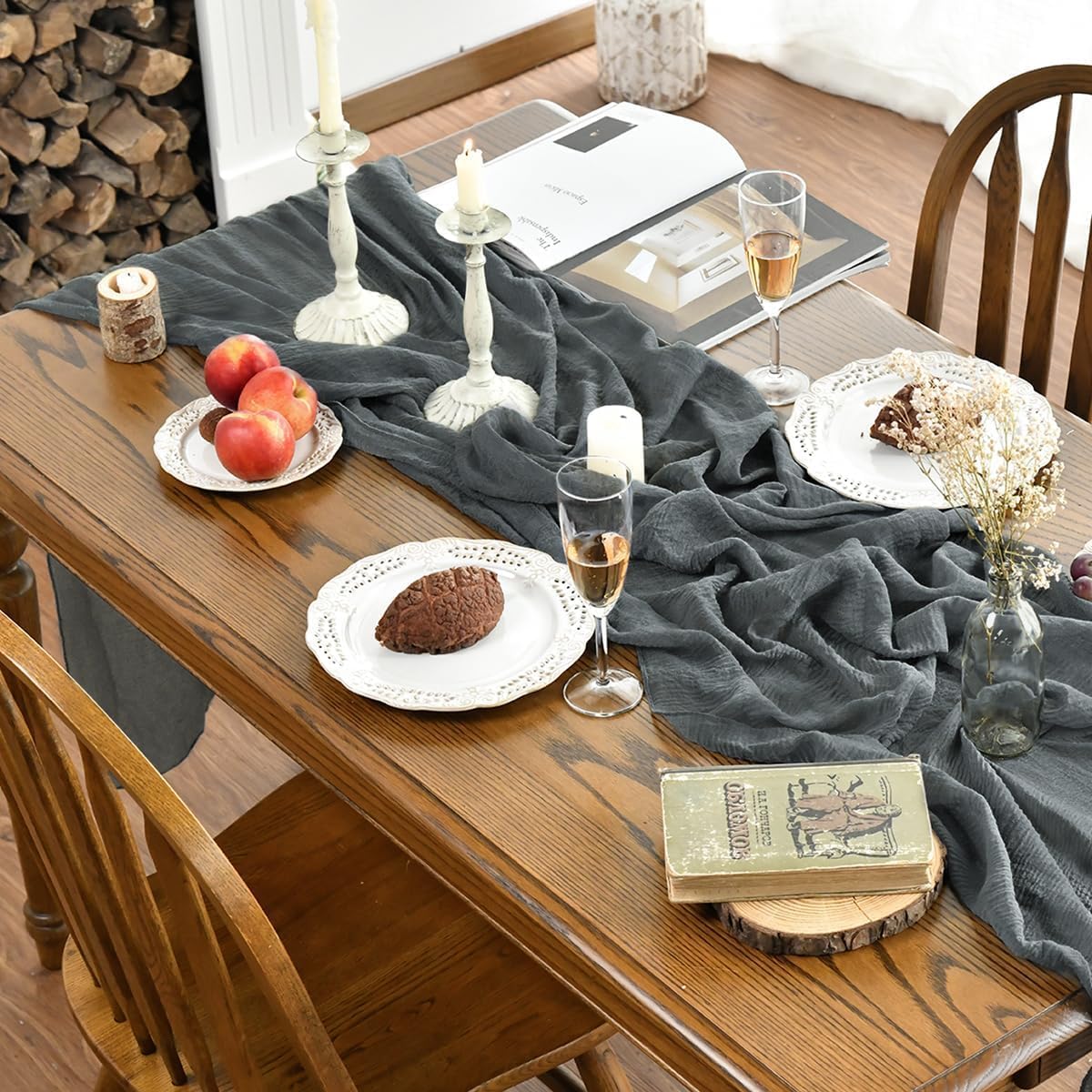 Artoid Mode - Chemins de Table Bohême - 300 cm - mousseline gaze grise, déco table fête