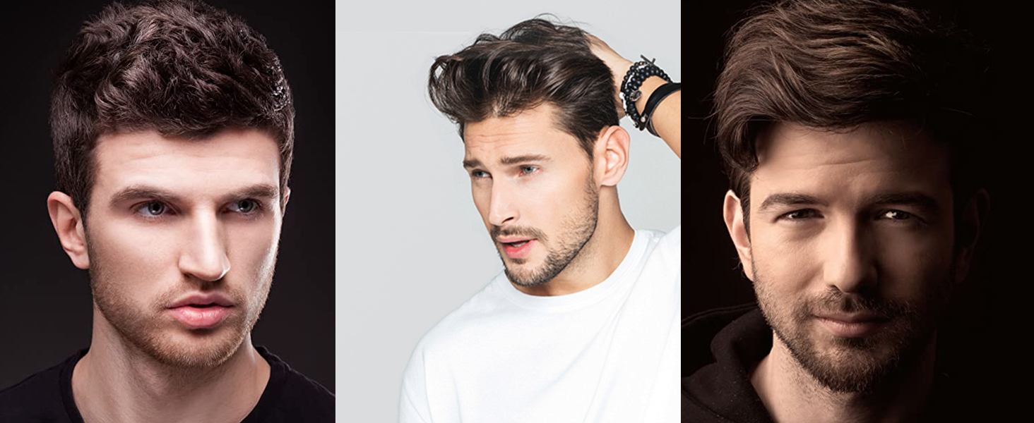 Trois portraits d'un homme aux cheveux noirs et à la pilosité faciale, montrés sous différents angles sur différents arrière-plans