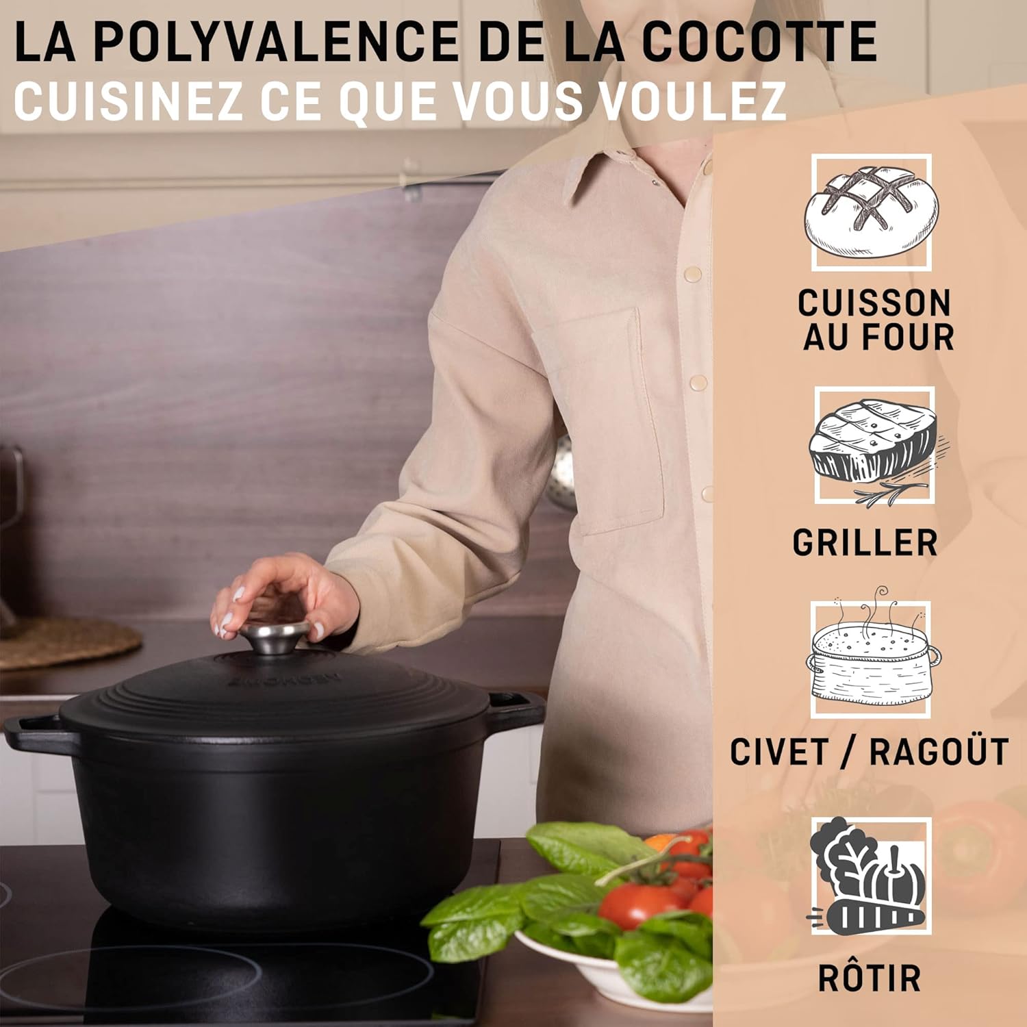VeoHome - cocotte fonte émaillée - 28 cm 6L - induction, four, couvercle relief