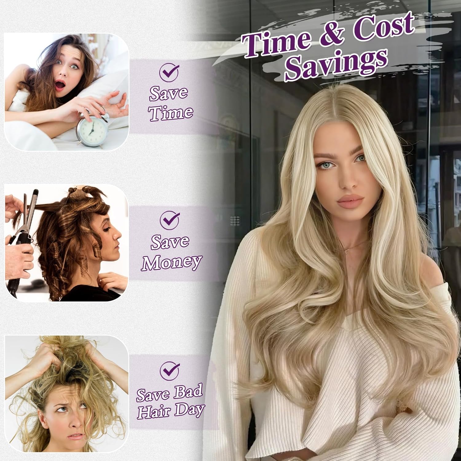 BARSDAR - Extensions à clips ondulées 50cm blond épais synthétique