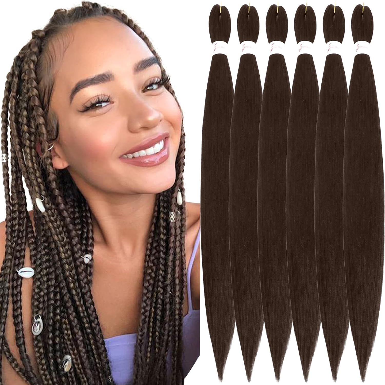 Extensions cheveux tressés - 30 pouces - pré-étirées, 6 paquets, Kanekalon, couleur brun chocolat