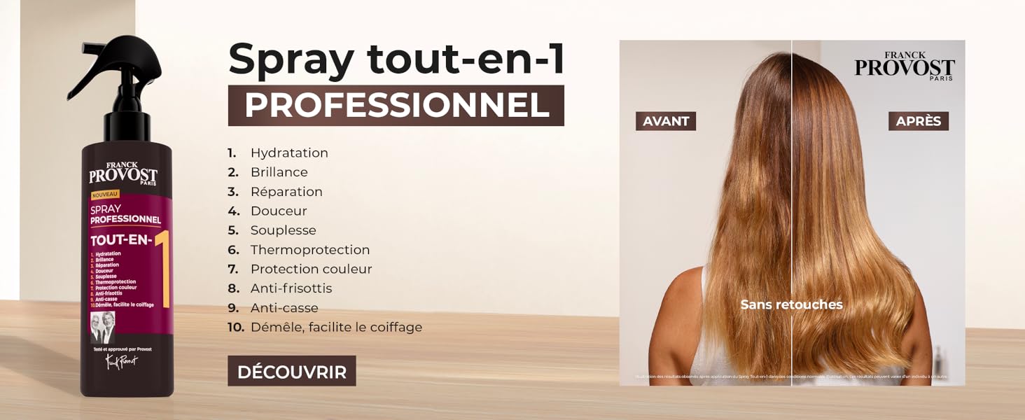 Le texte indique « Spray tout-en-1 PROFESSIONNEL ». Photos de l'emballage des produits montrant des produits de soins capillaires avec des résultats avant et après le traitement capillaire.