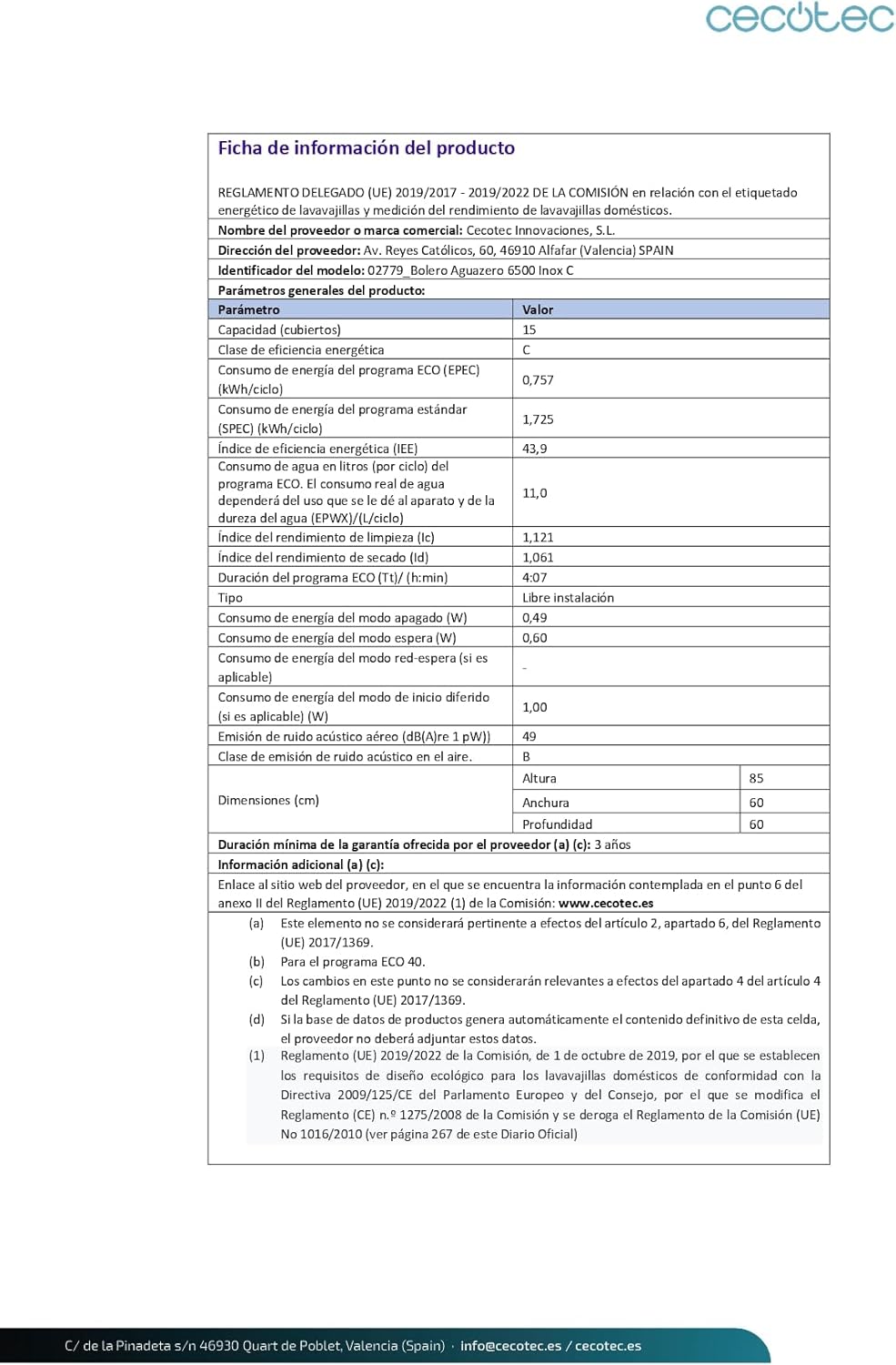 Cecotec - Bolero Aguazero 6500 - 60 cm - 15 couverts, 3 paniers, 6 programmes