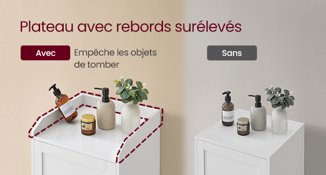 Comparaison avant/après des solutions de plateaux à bords surélevés pour ranger les articles sur les meubles, avec fonction de protection contre les éclaboussures.