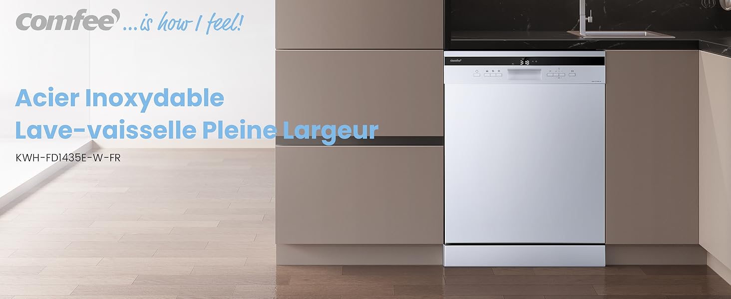 Le texte indique « Lave-vaisselle Plastique », « Acier inoxydable ». Images de démonstration d'installation ou d'utilisation du produit dans l'environnement de la cuisine.