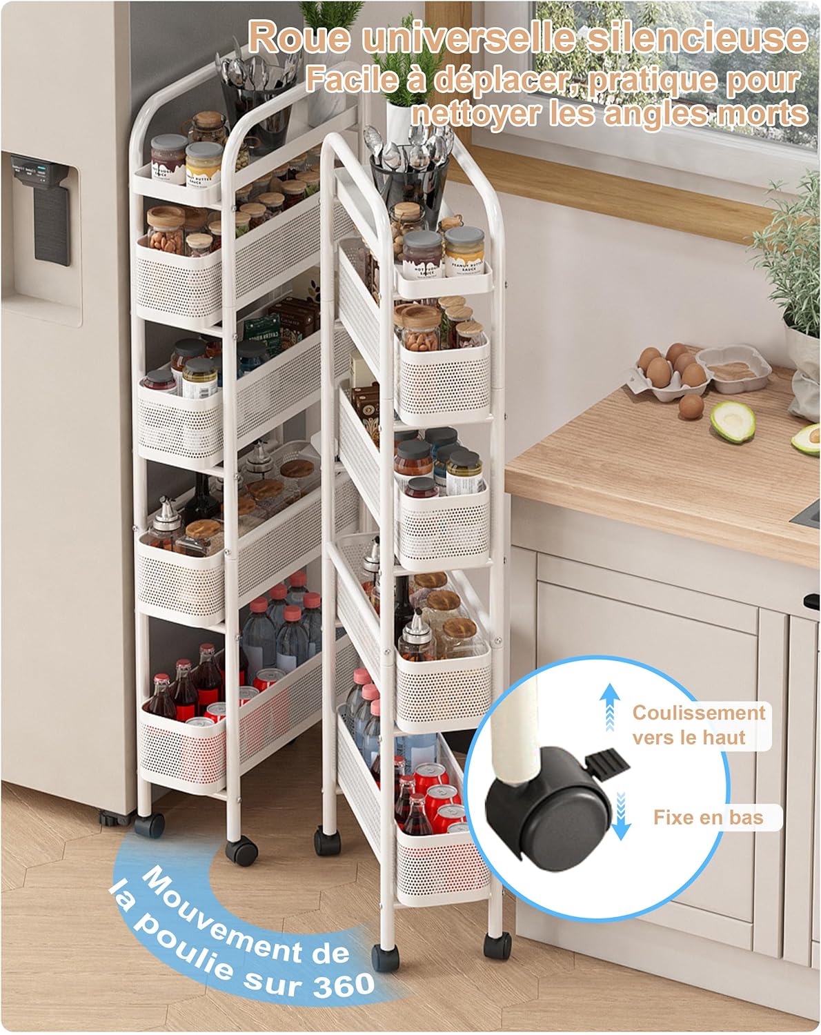 UMDONX - Chariot de rangement 5 niveaux, métal, étroit, tiroirs, blanc