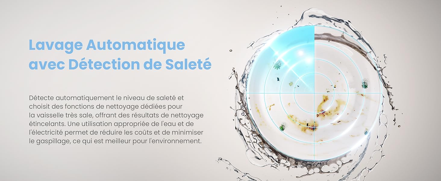 Le texte indique « Lavage automatique avec détection de saleté ». Photographie d'éclaboussures d'eau avec effet de mouvement circulaire et gouttelettes sur fond blanc.