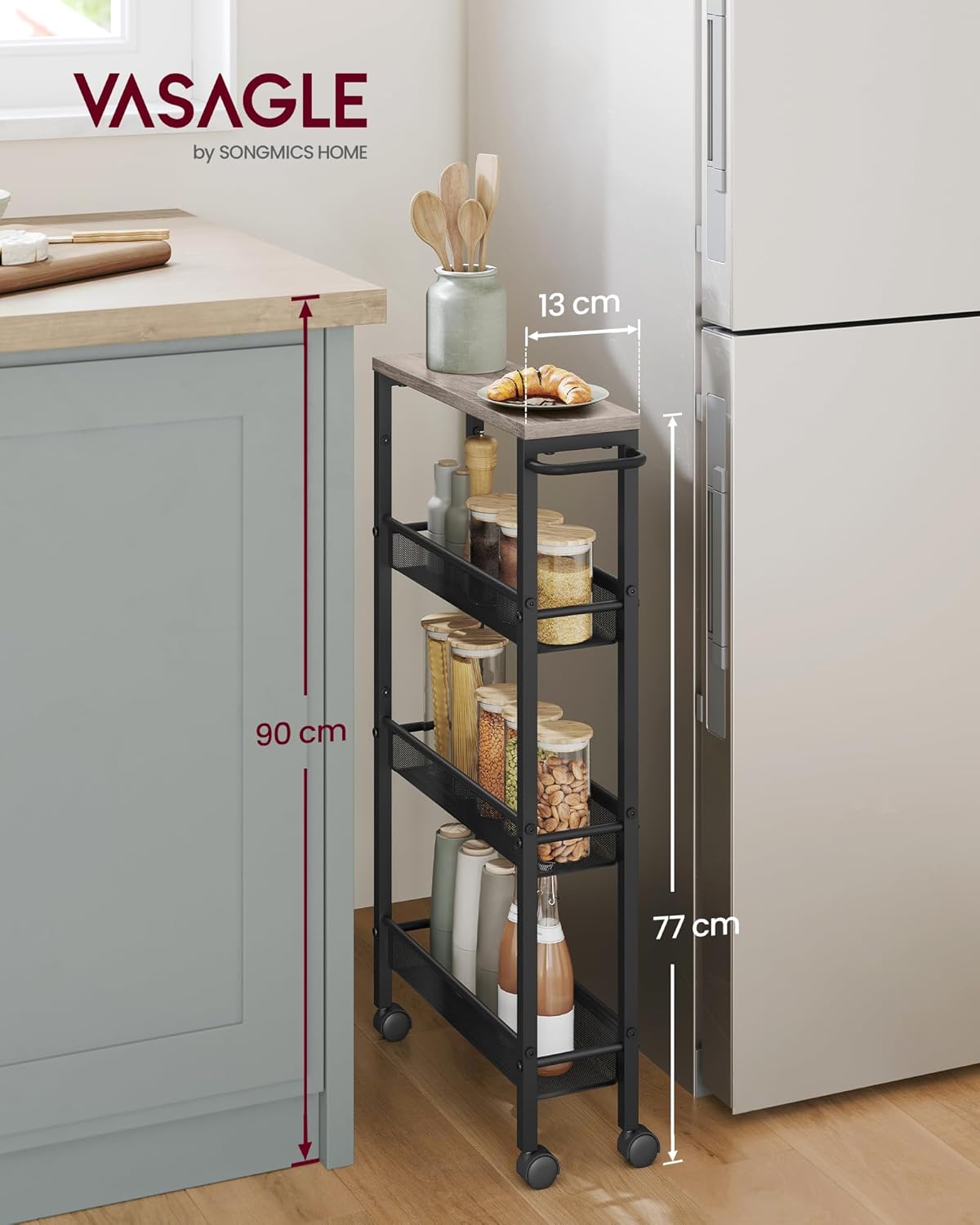 VASAGLE - desserte 4 niveaux - 13x45,4x77 cm - structure acier, roulettes, poignée, compact - LRC032K01