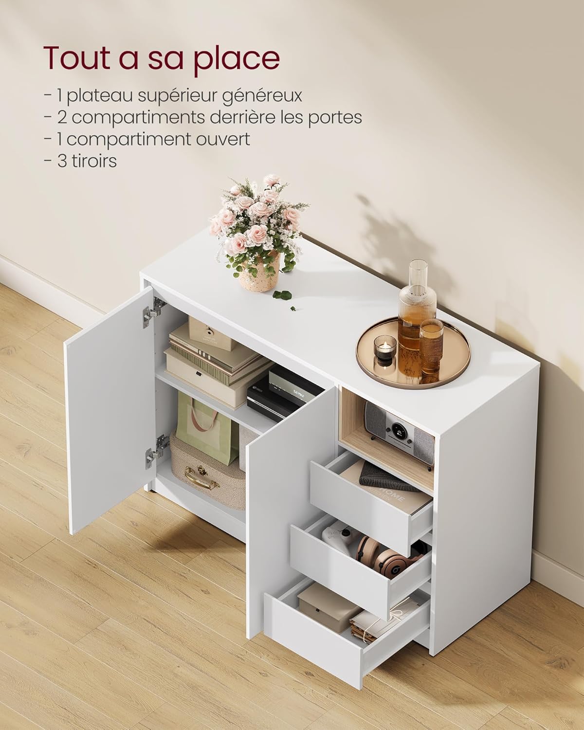 VASAGLE - Kailyn - 103,3x40x74,5 cm - buffet 3 tiroirs, étagère réglable BBK273W21V1