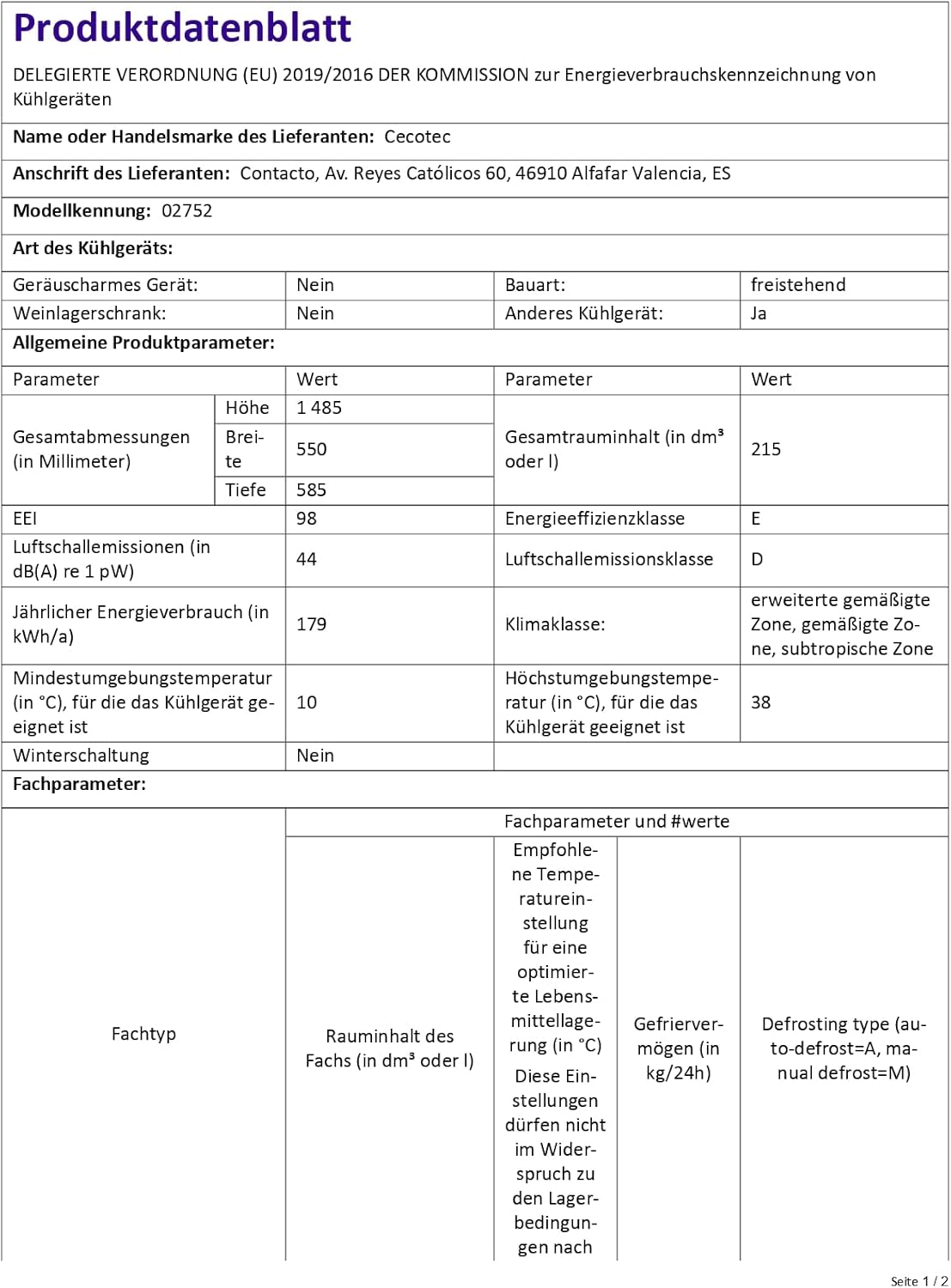 Cecotec - Bolero CoolMarket 2D Origin - 148x55 cm - rétro, LED, 215 L, poignée gold, contrôle température, E