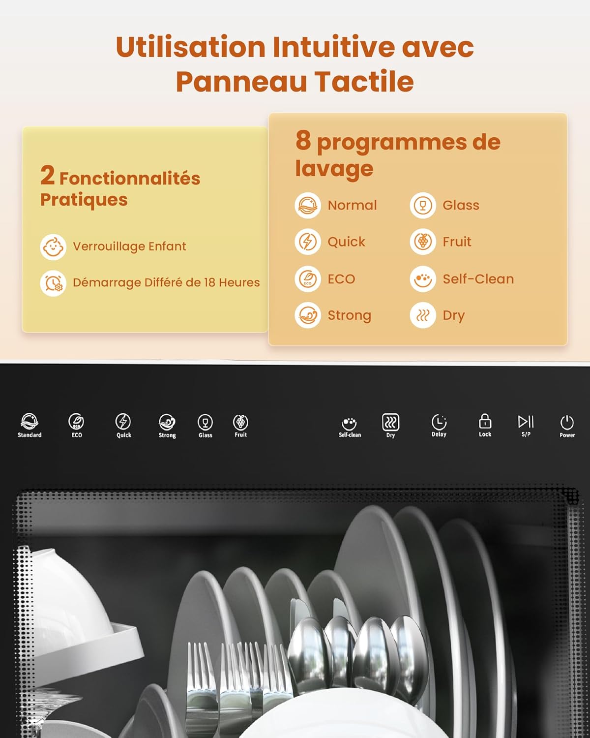 HAVA - lave-vaisselle compact série 2025 - efficace, 8 programmes, adoucisseur, verrou enfant, démarrage différé