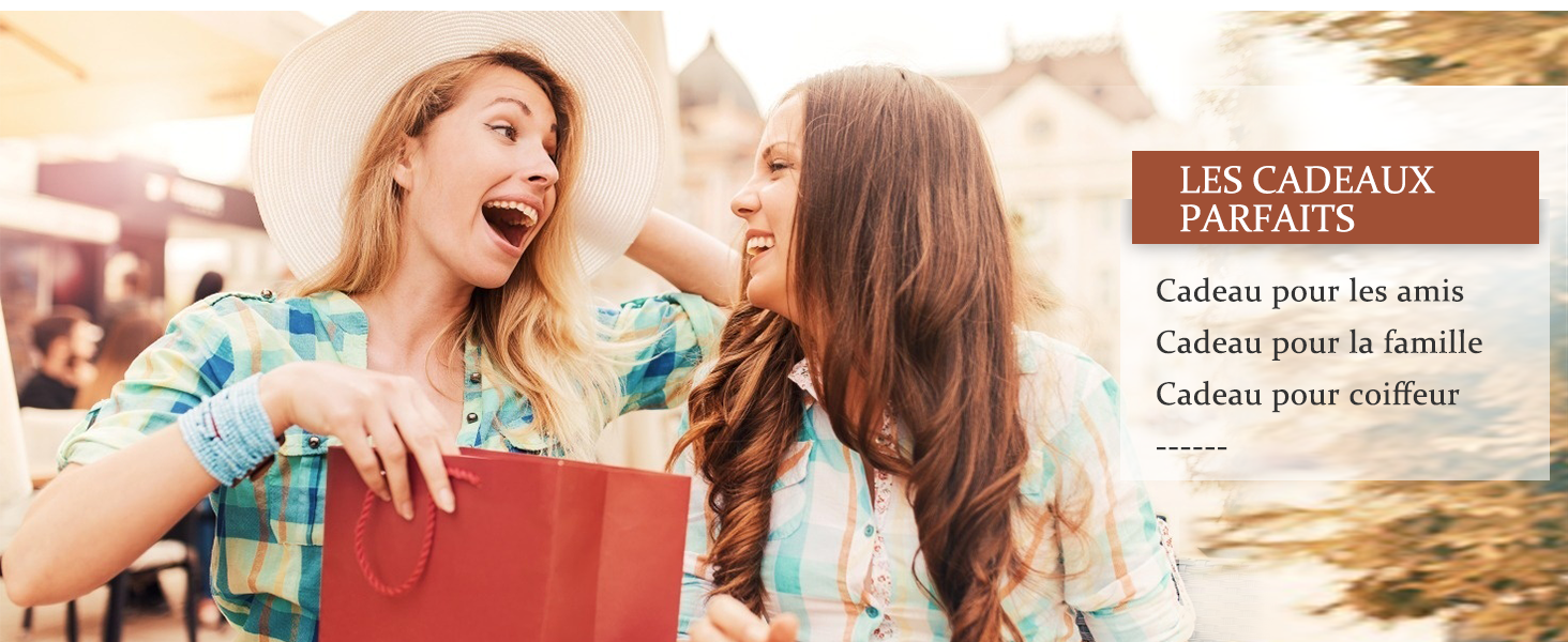 Scène de shopping avec des personnes tenant des sacs à provisions rouges, avec du texte français superposé sur un fond décoratif doré
