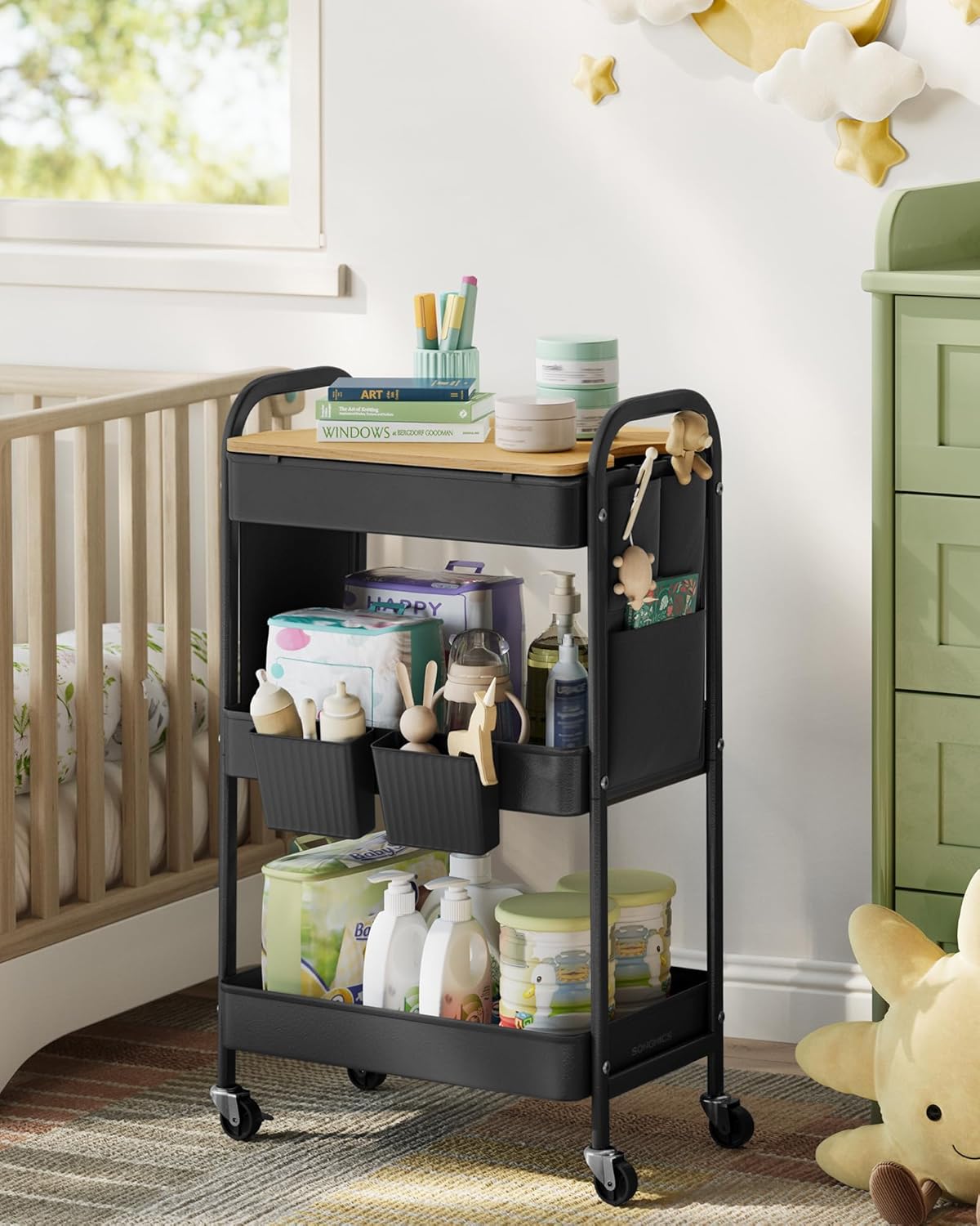 SONGMICS - chariot 3 niveaux avec table, pots et poches, noir - LRC036B01