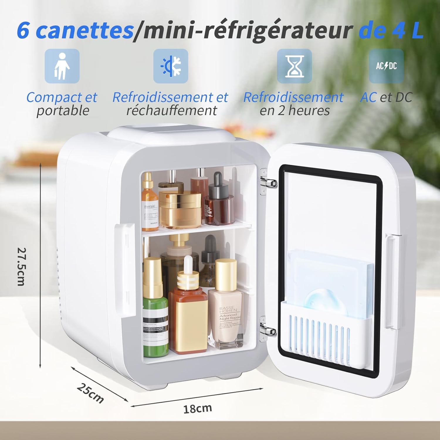 YASHE - Mini frigo 4L - LED miroir, chauffe/refroidit, portable, 220V/12V