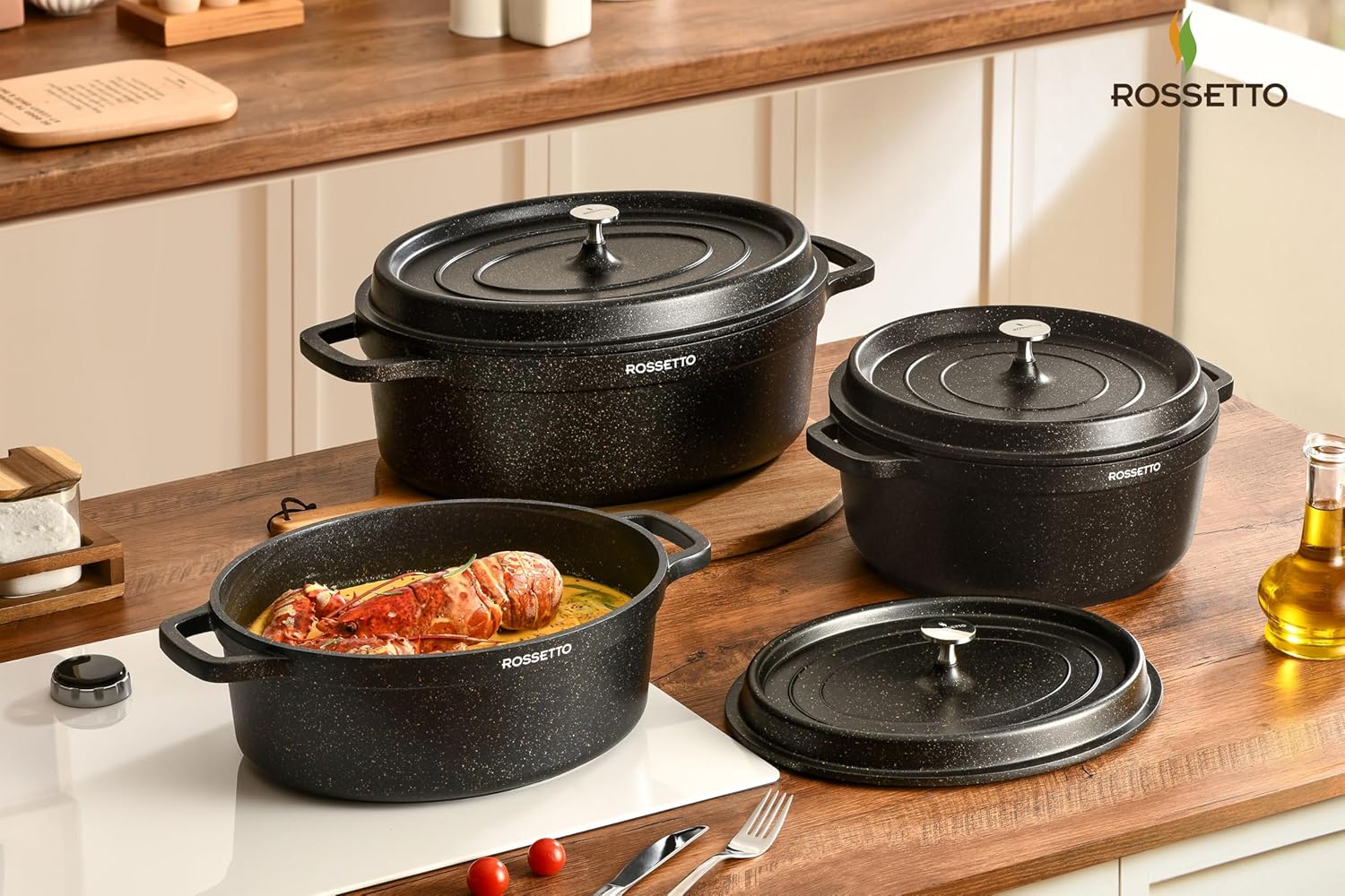 Rossetto - Cocotte en fonte aluminium 38cm - 10,6L, antiadhérent, induction et four, couvercle picots saveurs