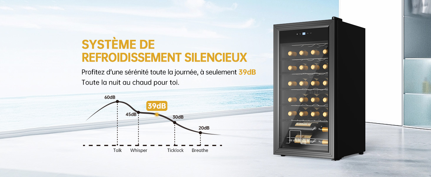 avec porte vitrée affichant plusieurs casiers à bouteilles, ainsi qu'un schéma du système de contrôle de la température avec texte en français