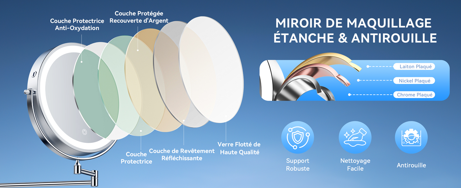 Le texte indique « MIROIR DE MAQUILLAGE ÉTANCHE & ANTIROUILLE ». Schéma technique montrant les composants d'un miroir de maquillage imperméable avec fond dégradé bleu.