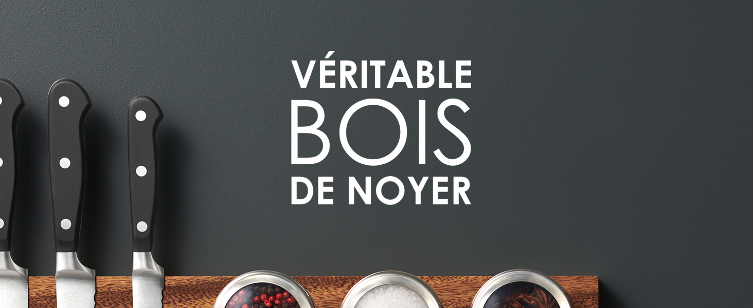 avec rivets métalliques sur fond foncé. Le texte en français indique « VÉRITABLE BOIS DE NOYER » (bois de noyer véritable)