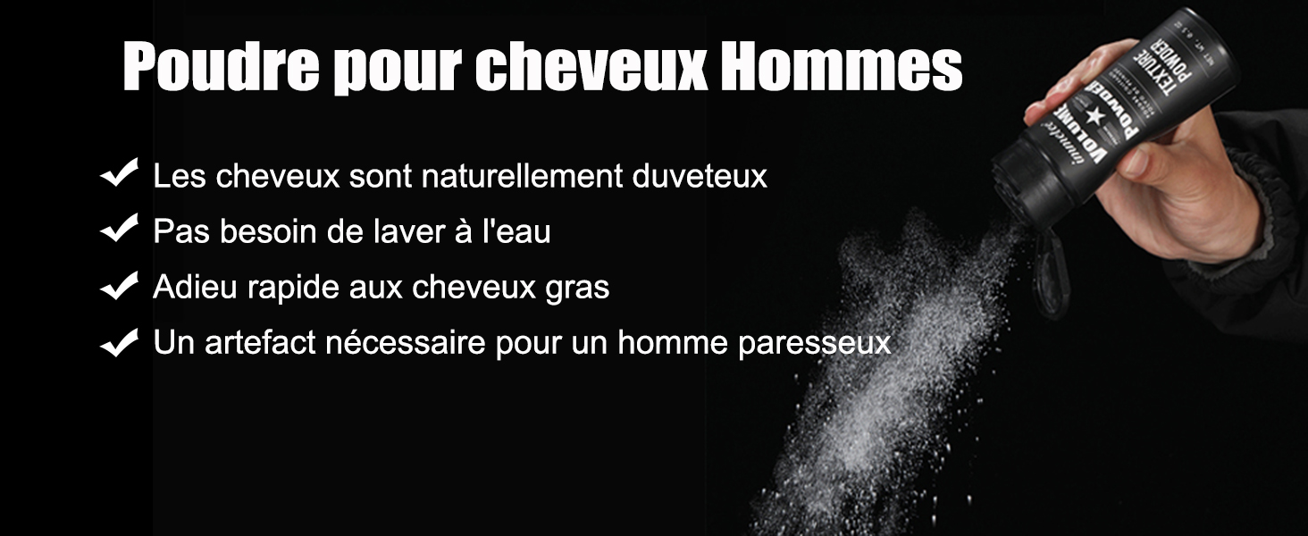 Poudre pour cheveux pour hommes dans un flacon noir en cours de pulvérisation. Le texte met en évidence les avantages : cheveux naturellement duveteux, pas besoin d'eau, solution rapide pour les cheveux gras