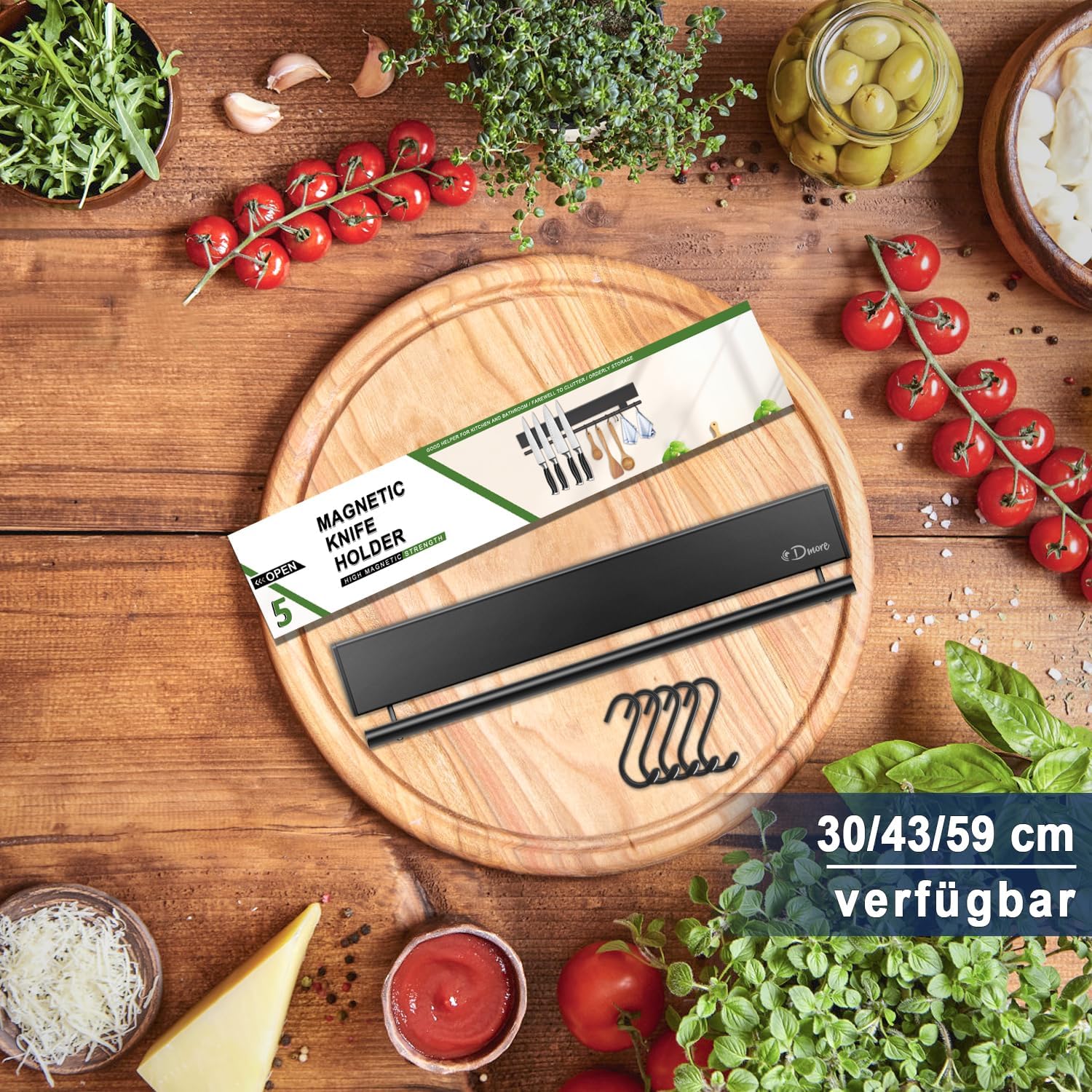 Dmore - barre magnétique à couteaux 30cm, 5 crochets, fixation adhésive