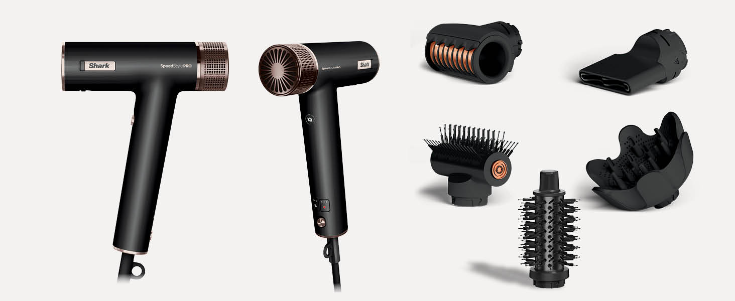 Collection d'outils de coiffure comprenant des sèche-cheveux, des brosses et des accessoires disposés sur un écran horizontal sur un fond clair.